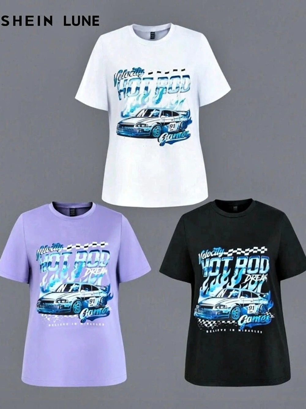 3 piece SHEIN Graphic Car Tee in White Black & Purple Size XL Like New